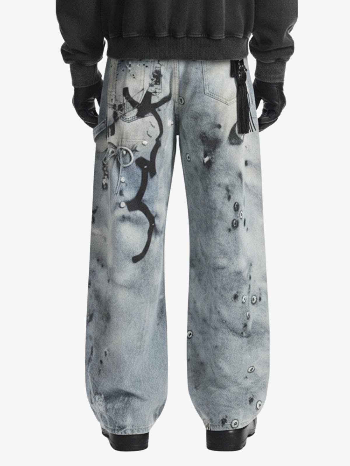 Abstract 3D Digital Print Wide-Leg Jeans