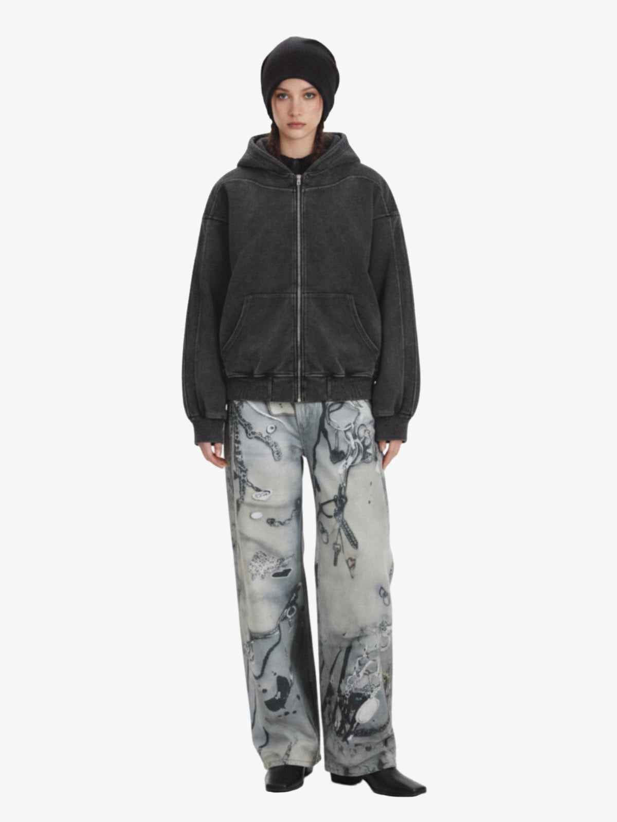 Vintage Washed Panel Construction Zip-Up Hoodie