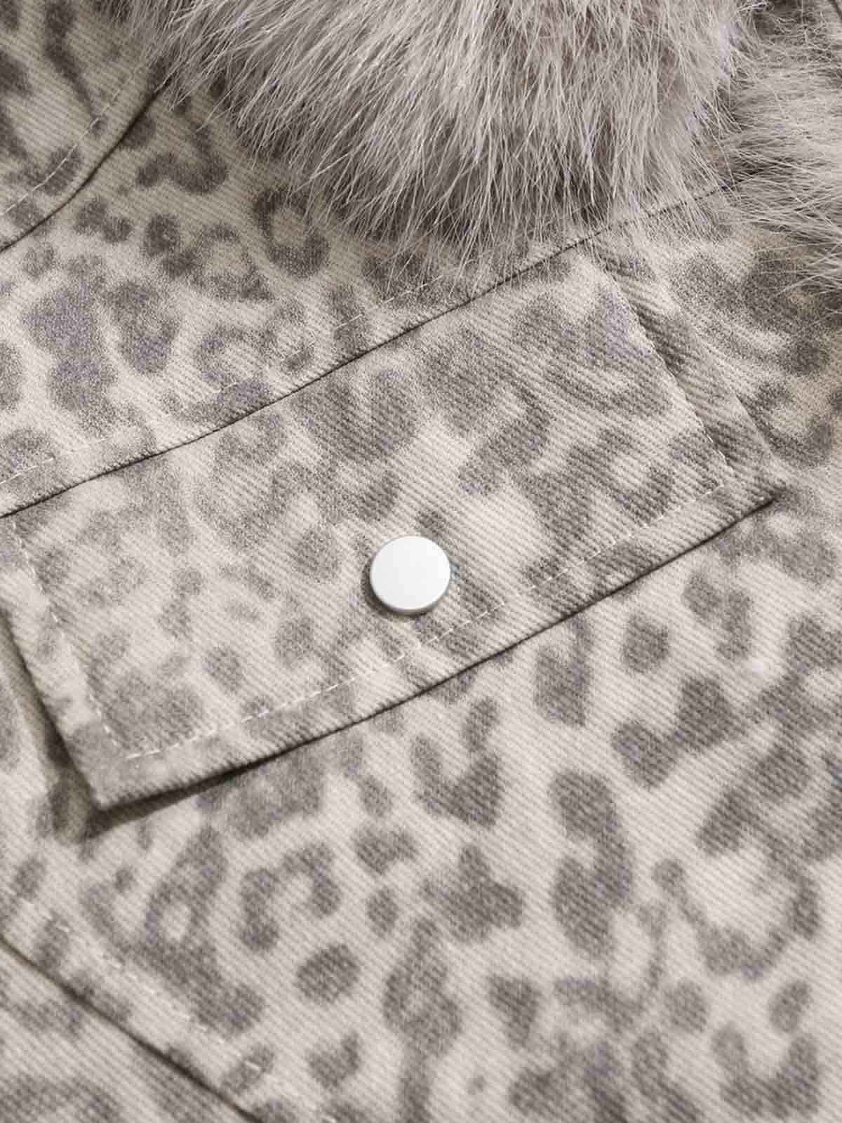 Vintage Leopard Fleece Faux Fur Collar Panel Trim Padded Jacket