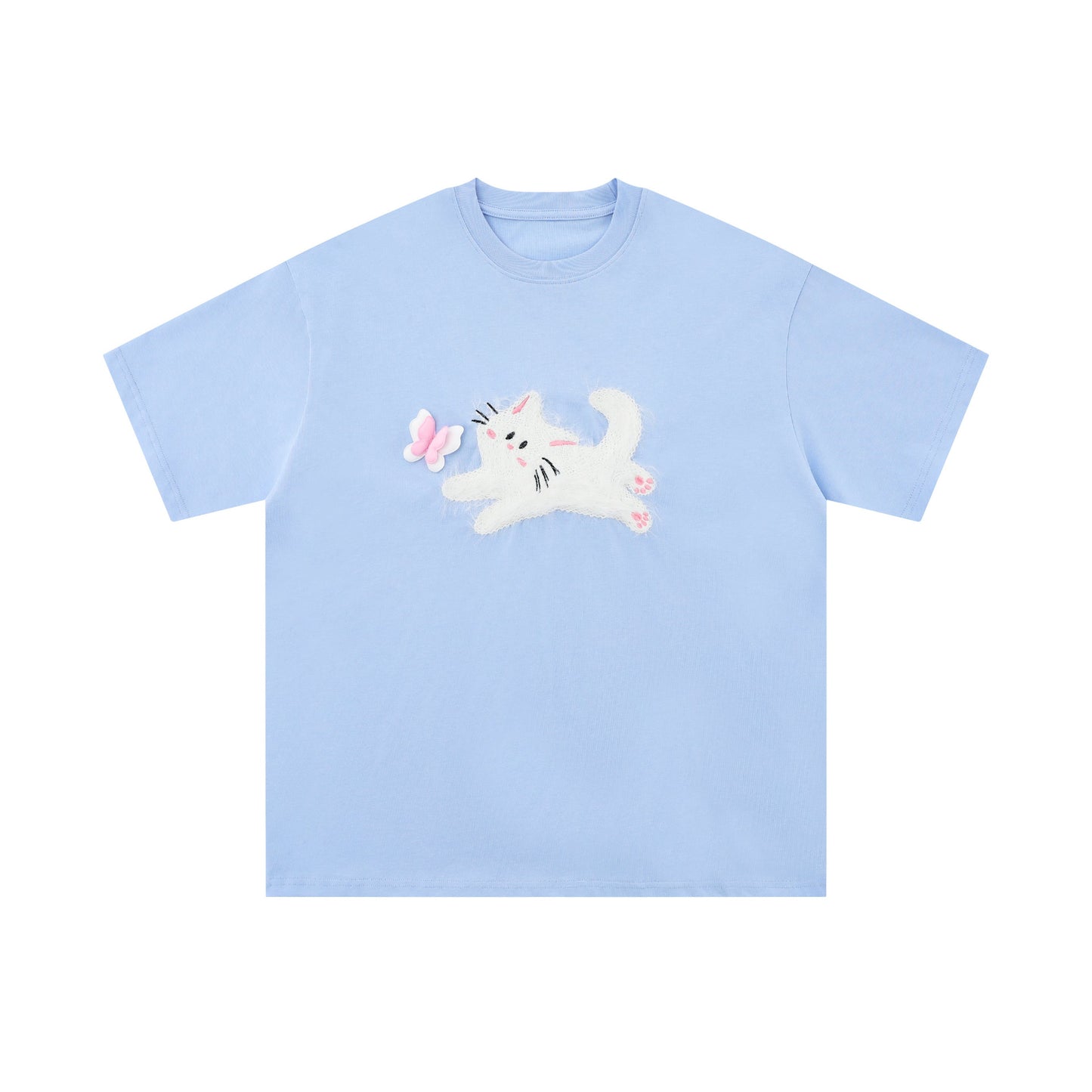 Fuzzy Cat | Embroidered Playful Tee - Luxuryurbanwear