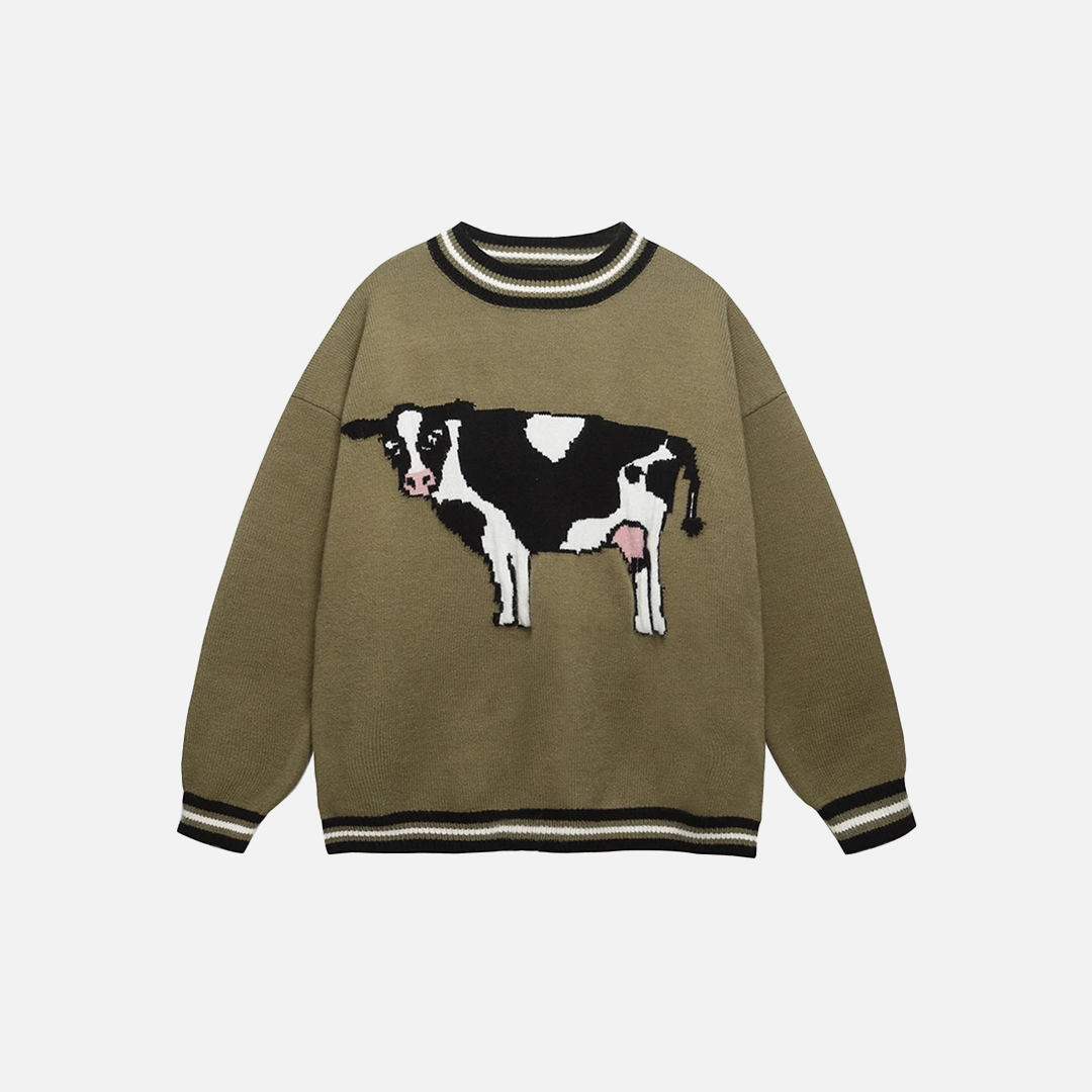 Elevated Cow Print Knit Round Collar Jumpers Sweater - Luxuryurbanwear