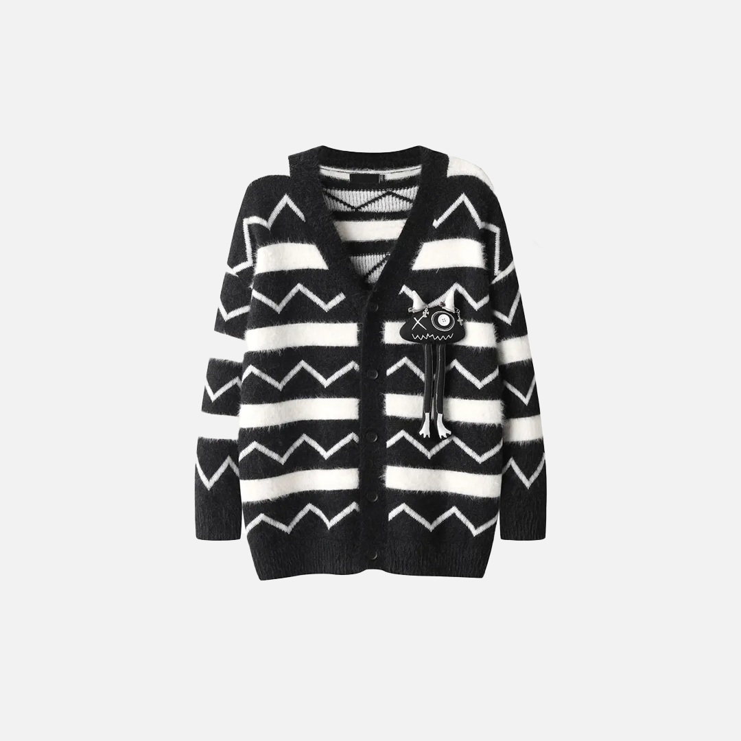 Women Retro V-Neck Collar Mohair Striped Cardigan - Luxuryurbanwear
