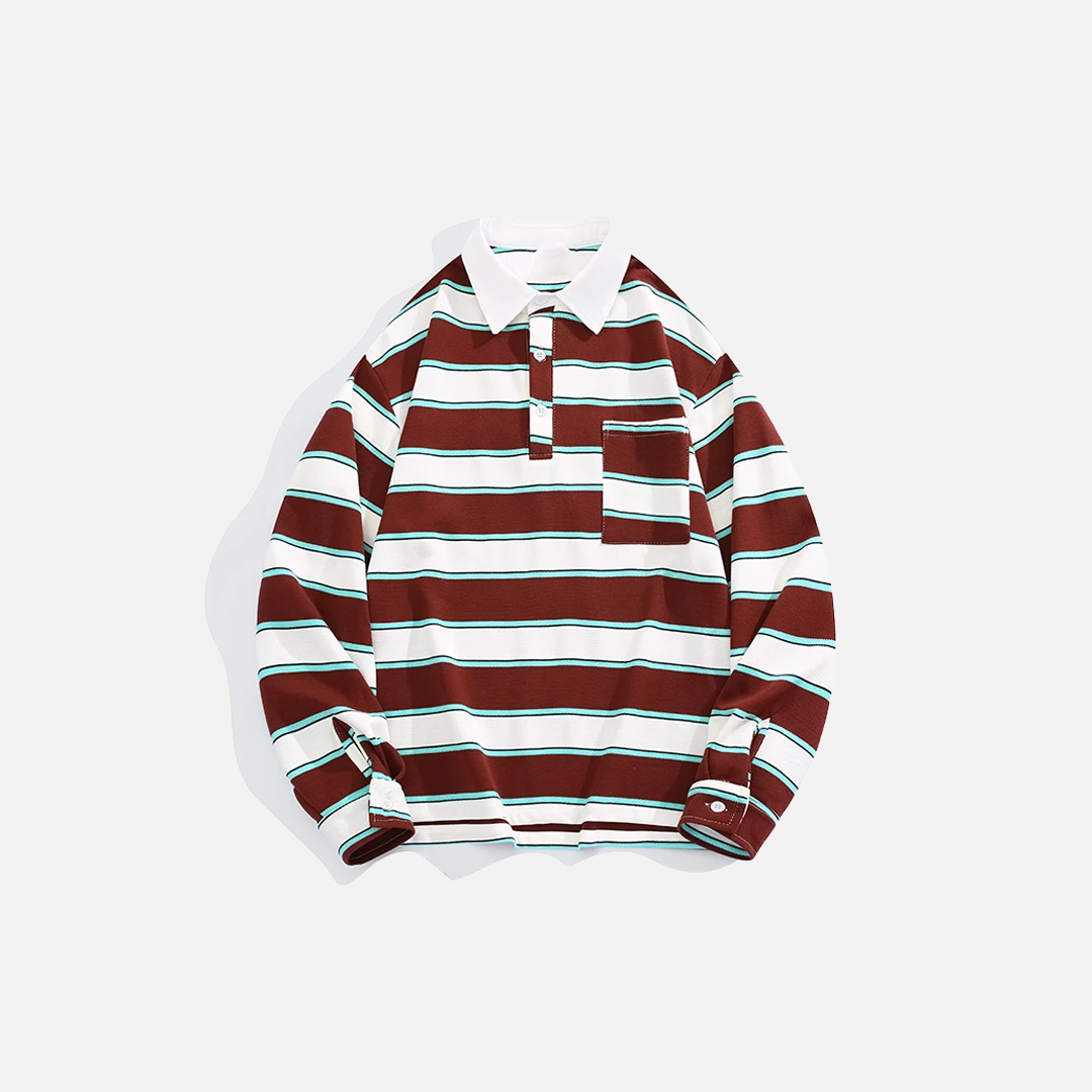 Contrasting Patchwork Striped Polo Long Sleeve T-Shirt - Luxuryurbanwear