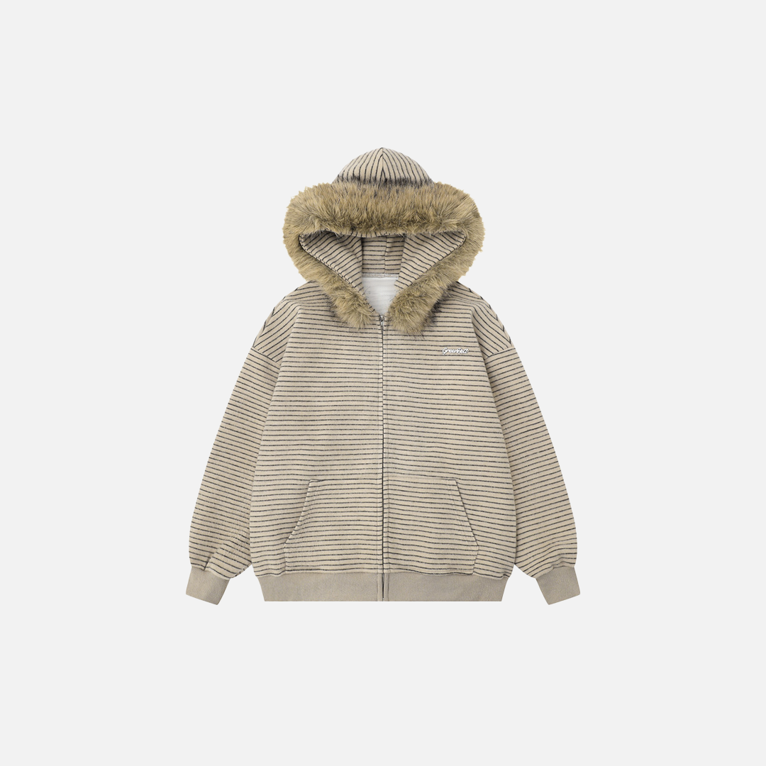 Vintage Striped Loose Fur Hooded Casual Sweatshirt - Luxuryurbanwear