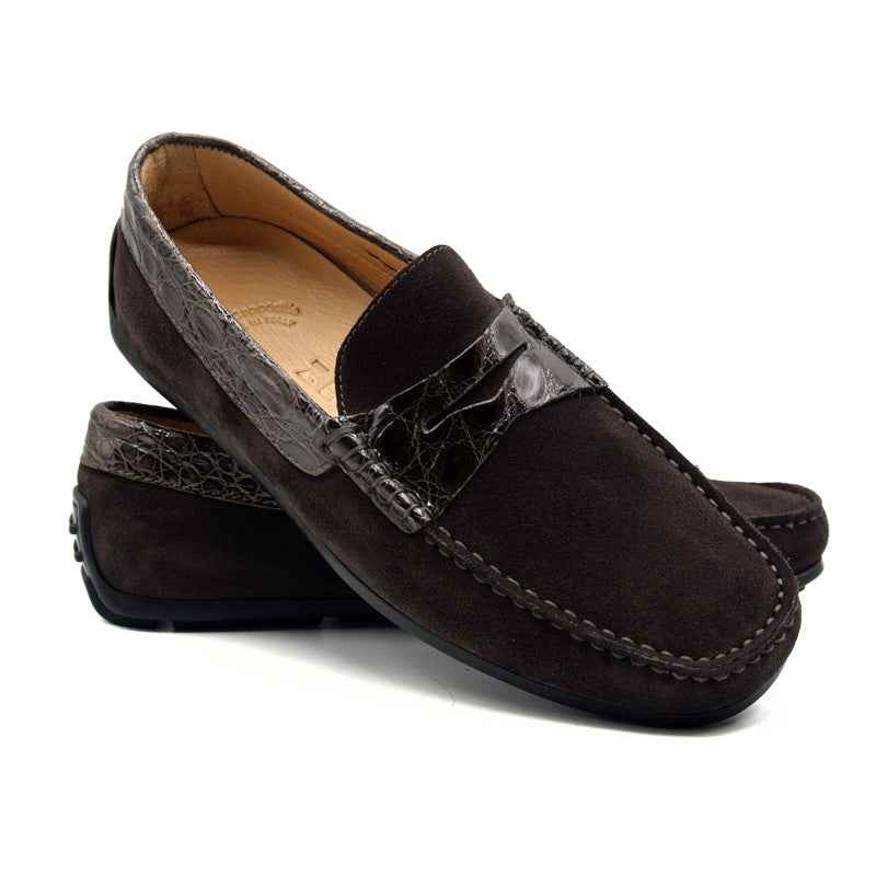 31-160-NIC MONZA Sueded Calfskin with Crocodile Driver, Nicotine