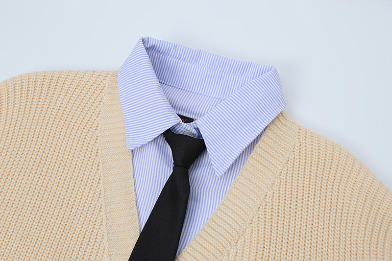 Prep Layer | Knit Cardigan with Shirt & Tie Detail - Luxuryurbanwear