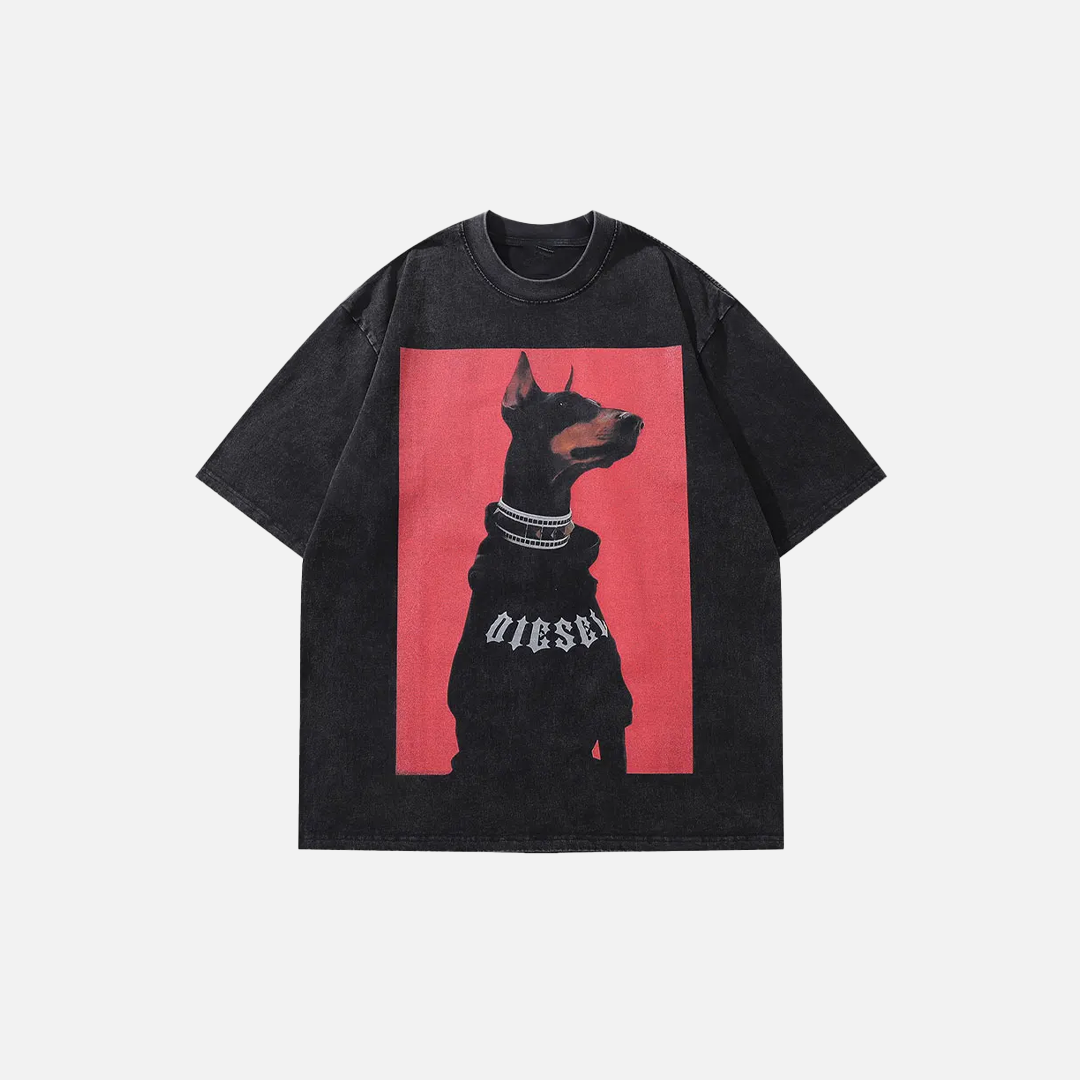 Oversized Doberman Washed Graphic Print T-Shirt - Luxuryurbanwear