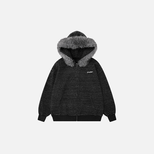 Vintage Striped Loose Fur Hooded Casual Sweatshirt - Luxuryurbanwear