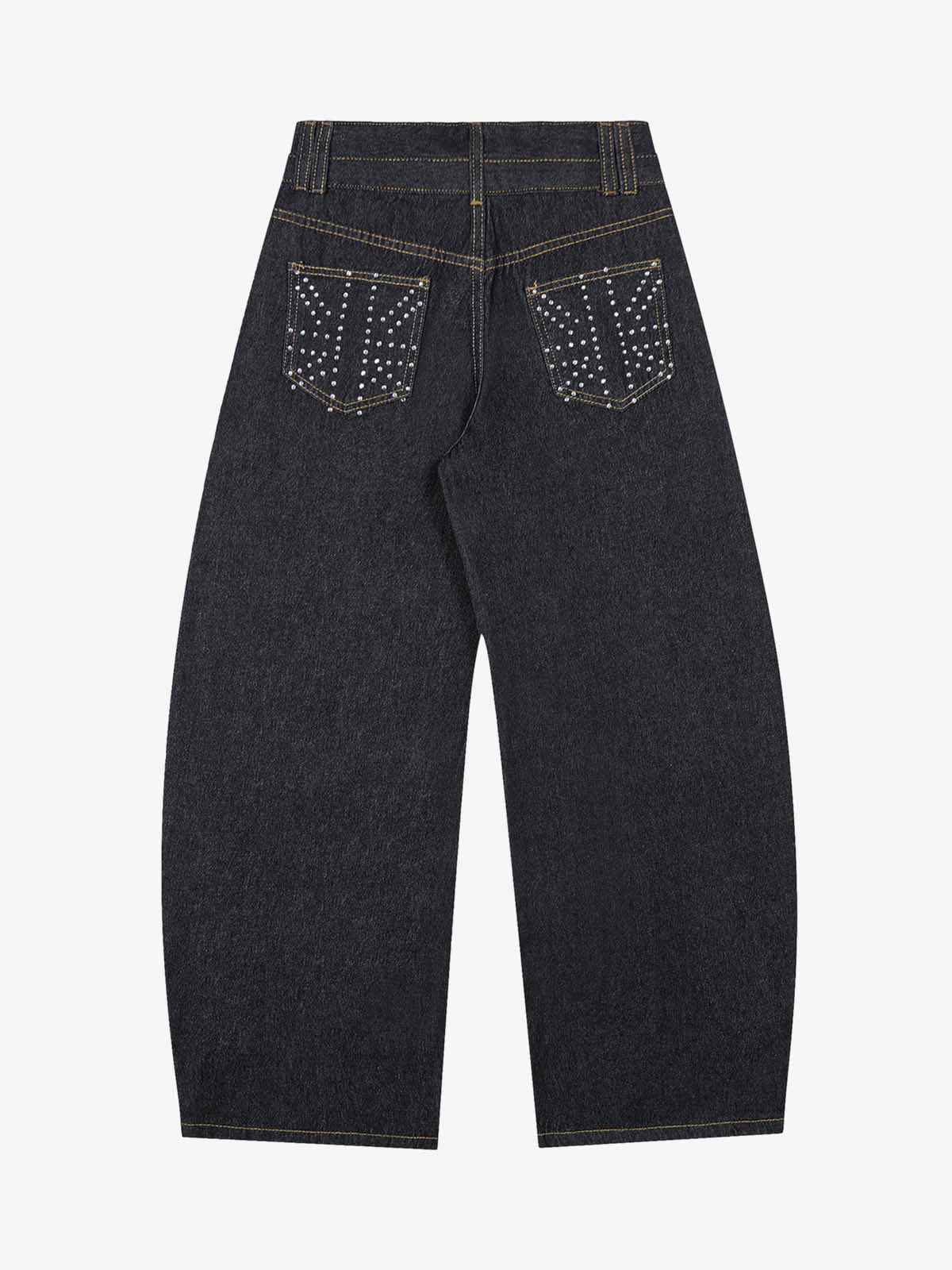 Studded Cross Pattern Wide Leg Denim Jeans