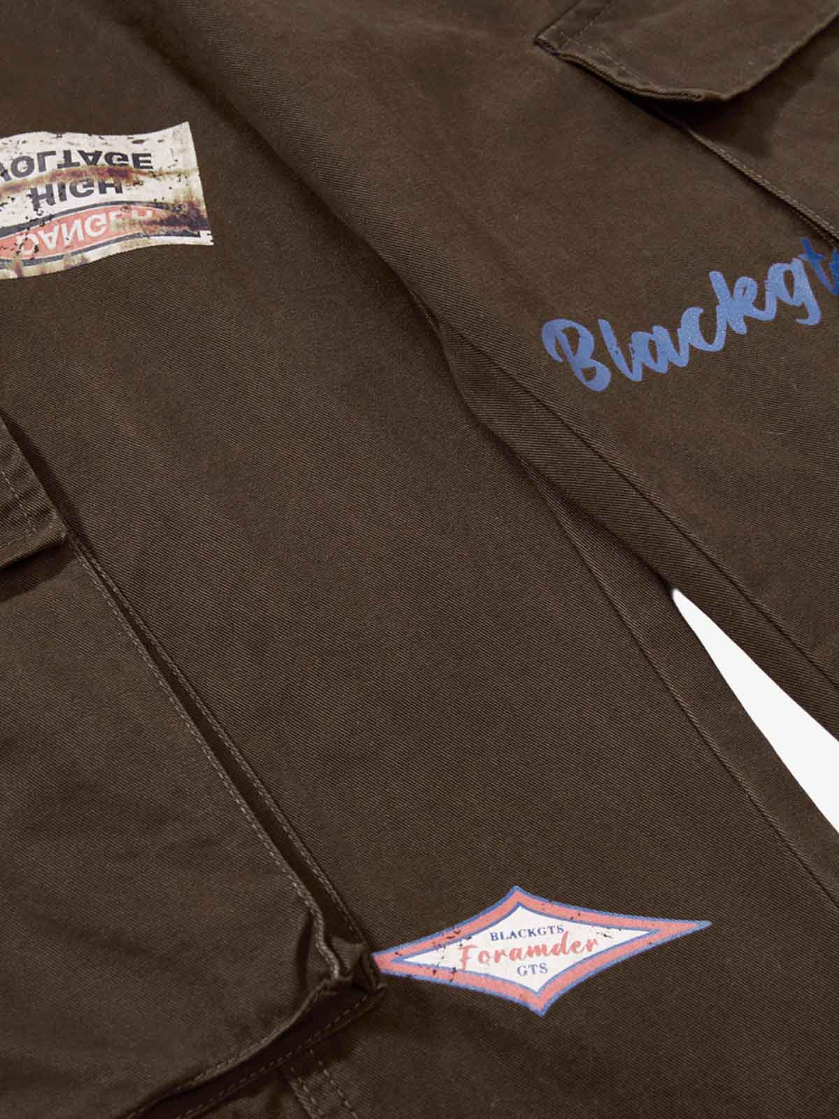 Retro Patchwork Graphic Multi-Pocket Flared Cargo Pants - Luxuryurbanwear