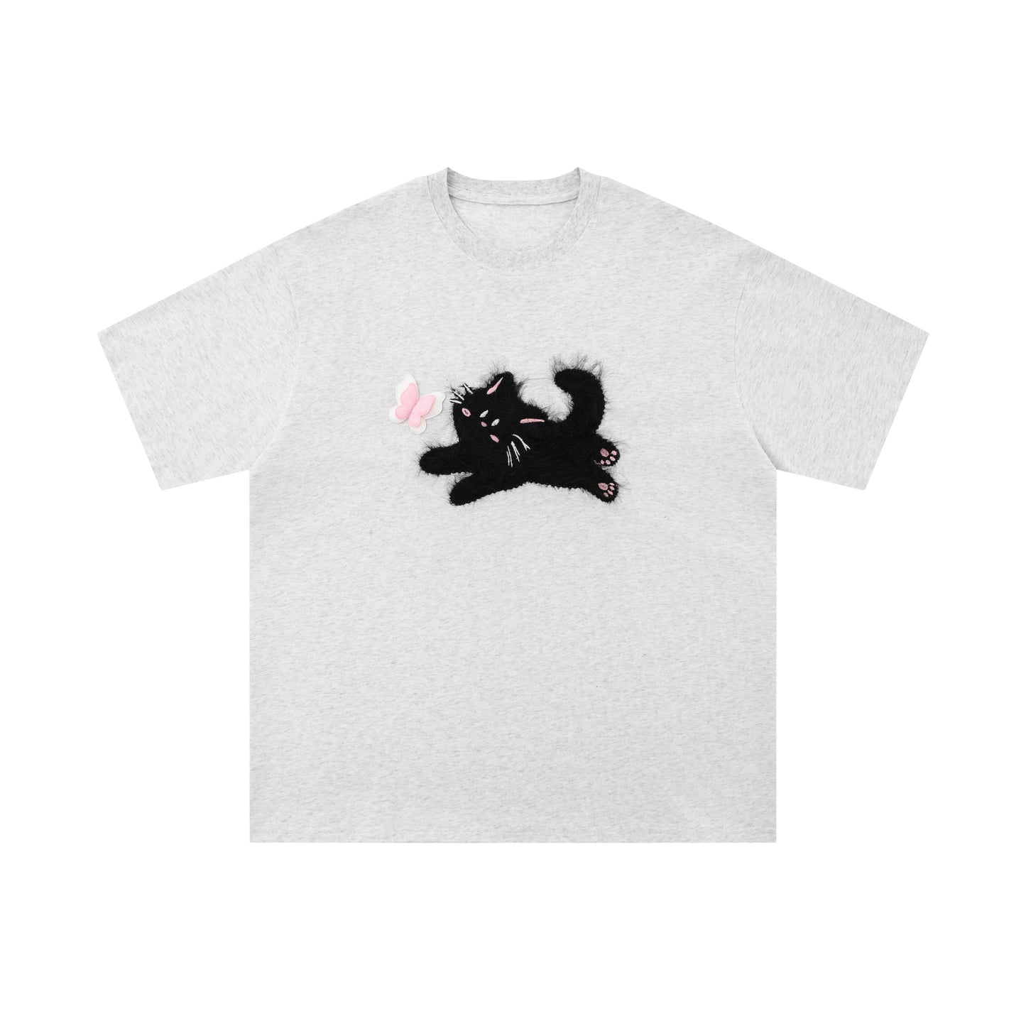 Fuzzy Cat | Embroidered Playful Tee - Luxuryurbanwear