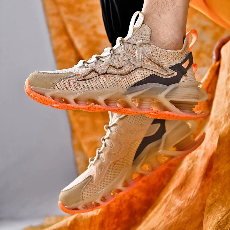 Beige Nova Sole T84 Sneakers - LUXURYURBANWEAR with orange accents and breathable mesh, ideal for stylish comfort in casual settings.
