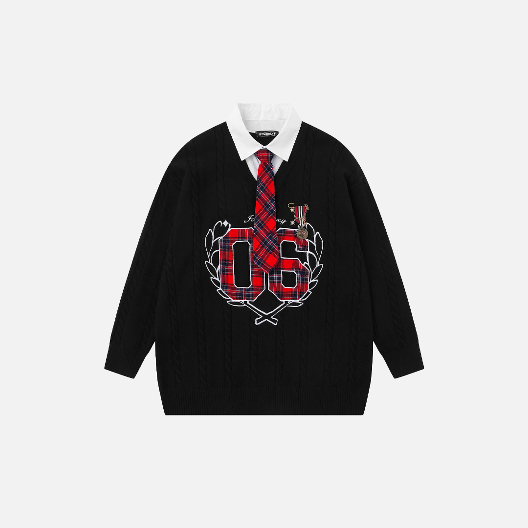 Plaid Letter With Necktie Shirt Embroidery Sweater - Luxuryurbanwear