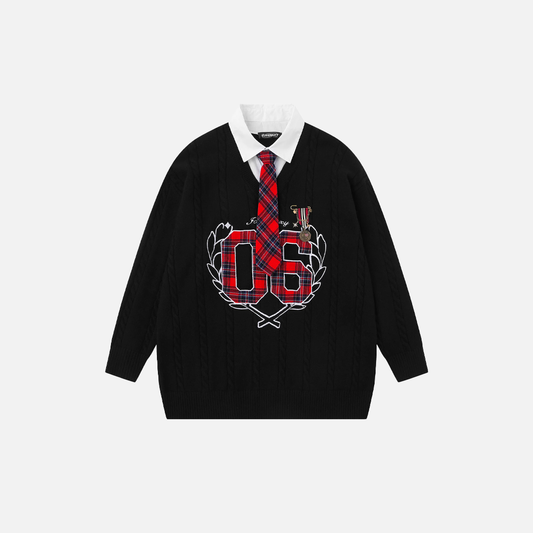 Plaid Letter With Necktie Shirt Embroidery Sweater - Luxuryurbanwear