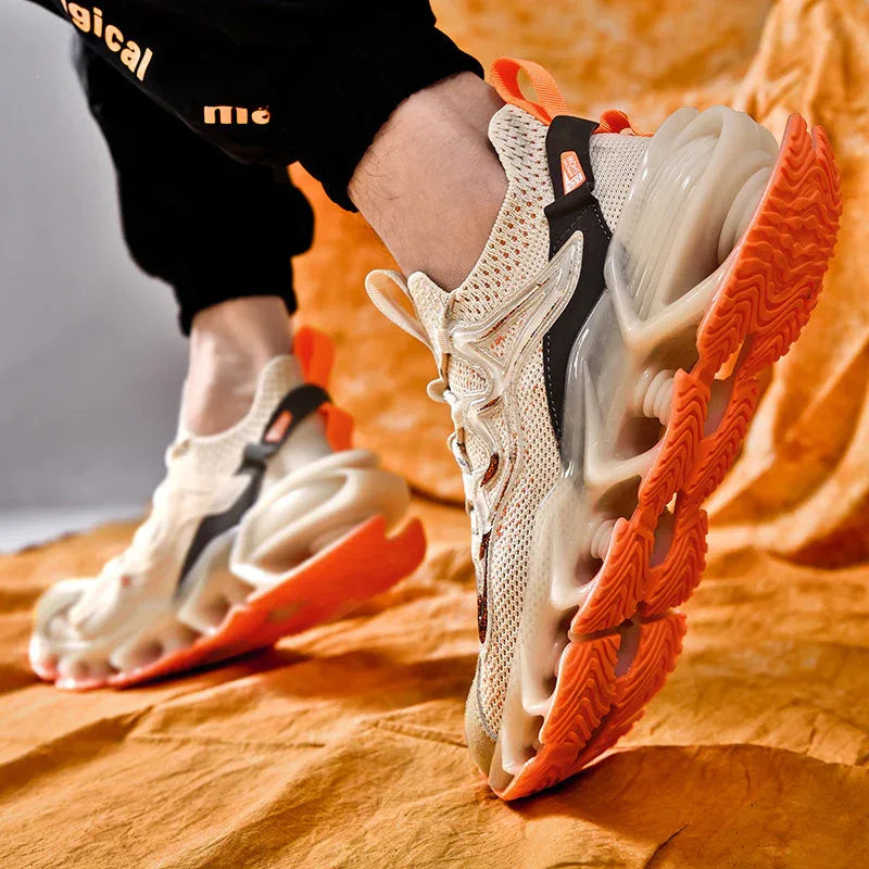 Nova Sole T84 Sneakers - LUXURYURBANWEAR in cream and orange with sculpted sole and mesh design, blending fashion and performance.