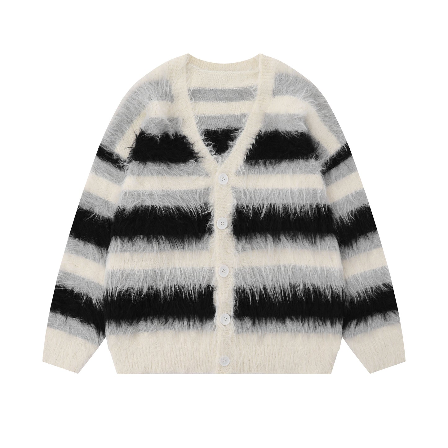 Furry Line | Striped Button-Up Fluffy Cardigan - Luxuryurbanwear