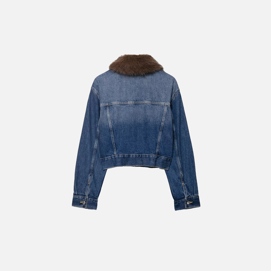 Elevated Retro Faux Fur Collar Denim Jacket - Luxuryurbanwear