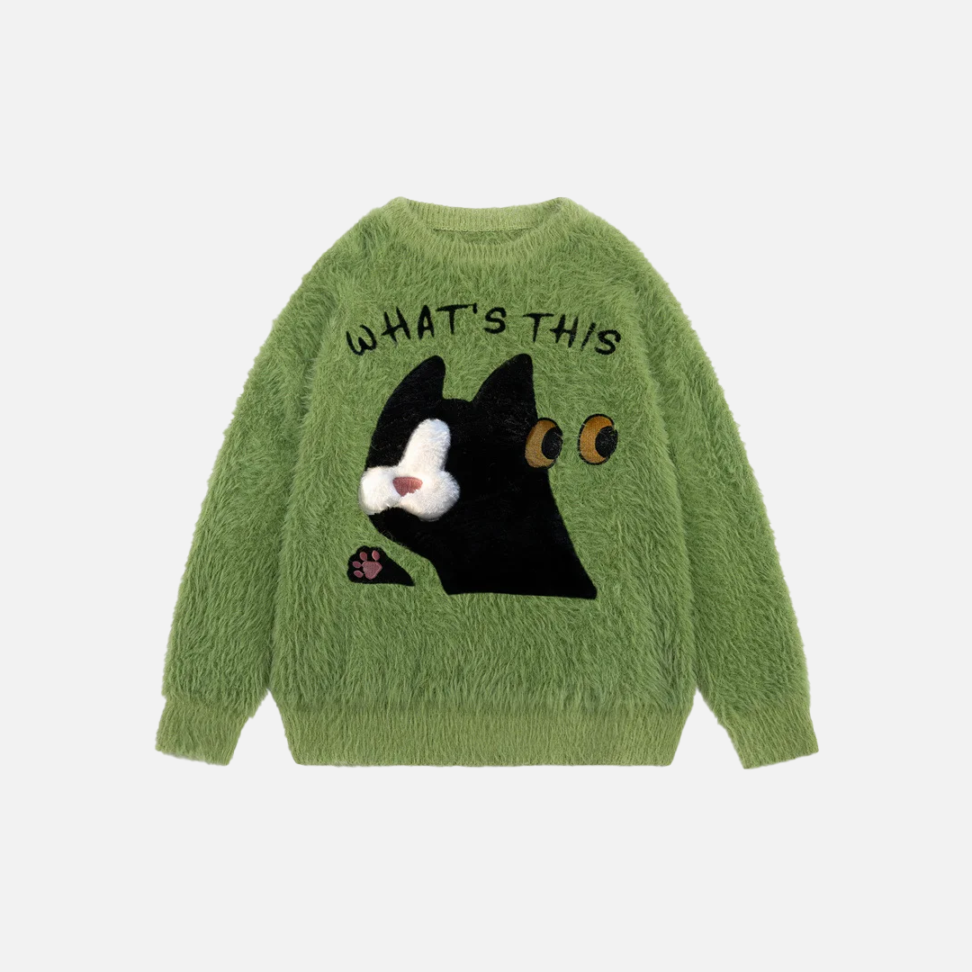 Fuzzy Oversized Cat Print Knit Jumper Sweater - Luxuryurbanwear