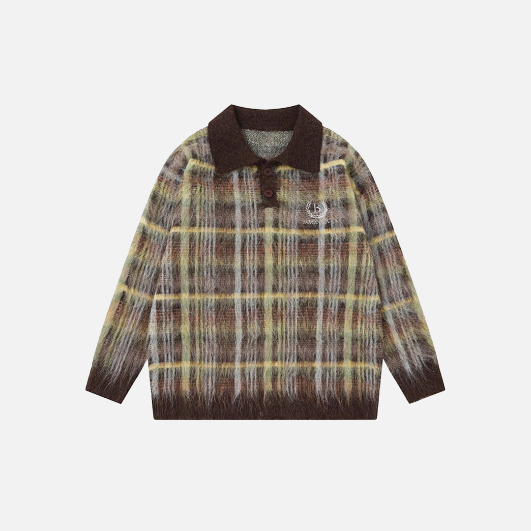 Flattering Oversized Plaid Knit Casual Polo Sweater - Luxuryurbanwear