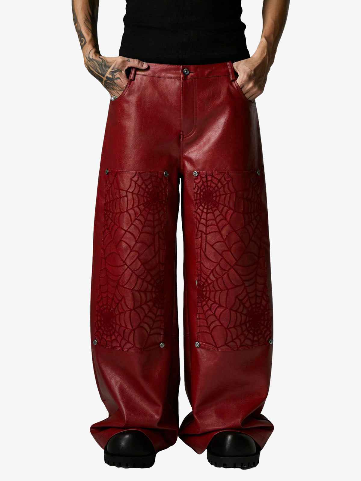 Spider Web Embossed Faux Leather Wide Leg Pants