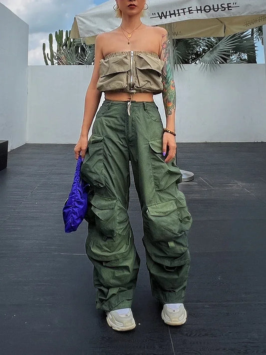 Solid Loose Pants For Women High Waist Patchwork Pockets Casual Streetwear Cargo Pant Female Fashion Clothing - Luxuryurbanwear