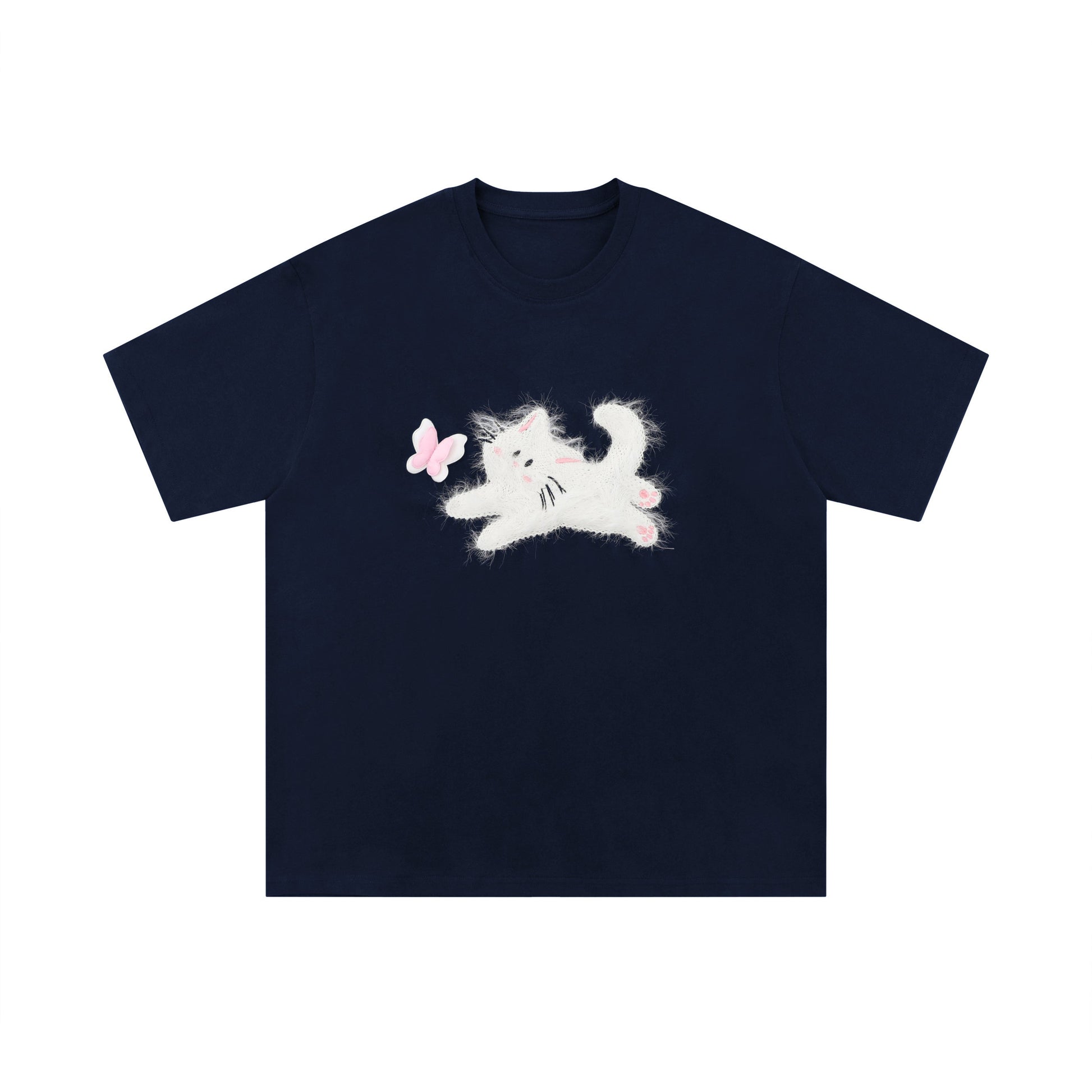 Fuzzy Cat | Embroidered Playful Tee - Luxuryurbanwear