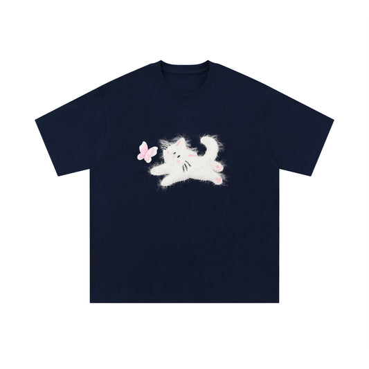 Fuzzy Cat | Embroidered Playful Tee - Luxuryurbanwear