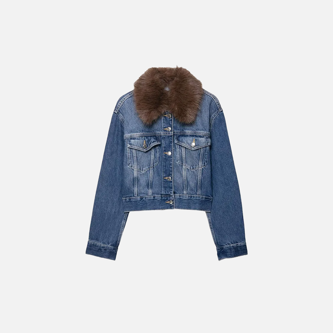 Elevated Retro Faux Fur Collar Denim Jacket - Luxuryurbanwear