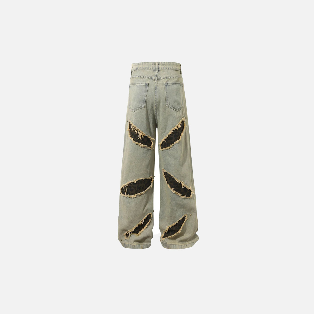 Streetwear Leopard Print Patch Rivets Ripped Jeans - Luxuryurbanwear