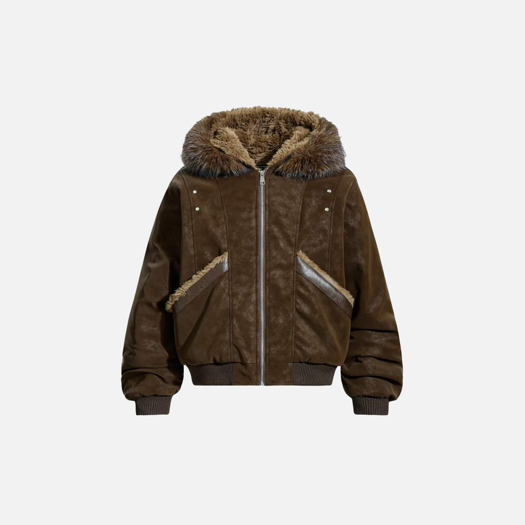 Fashionable Spliced Fur Hooded PU Leather Jacket - Luxuryurbanwear