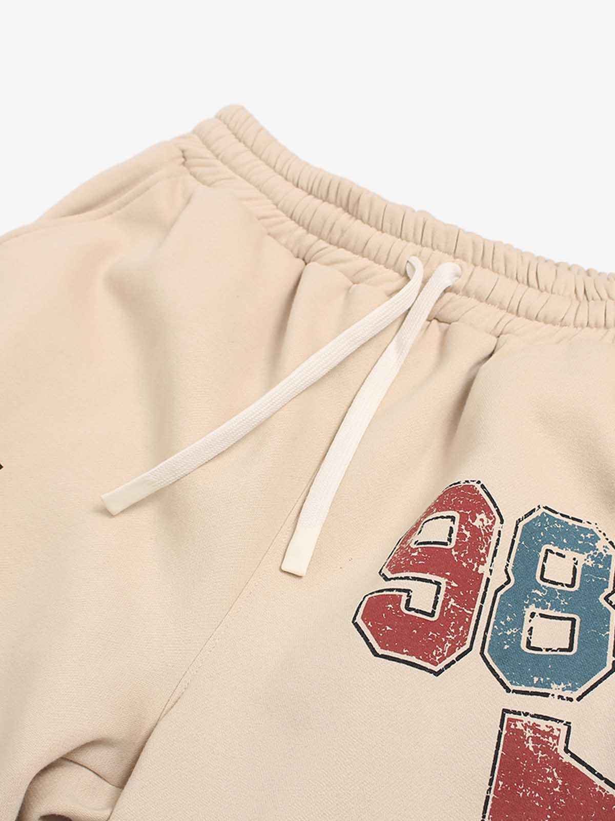 Retro Fleece-Lined Color-Block Letter Print Baggy Pants