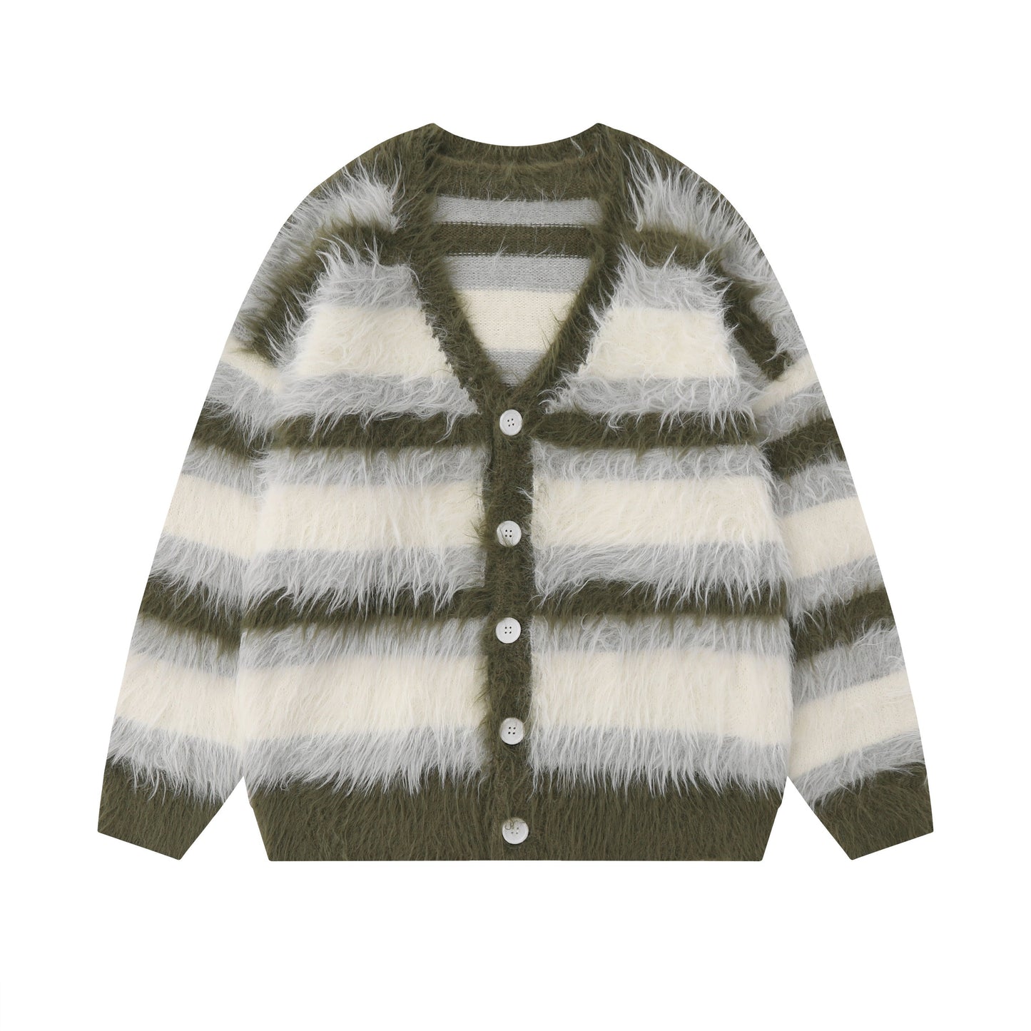 Furry Line | Striped Button-Up Fluffy Cardigan - Luxuryurbanwear