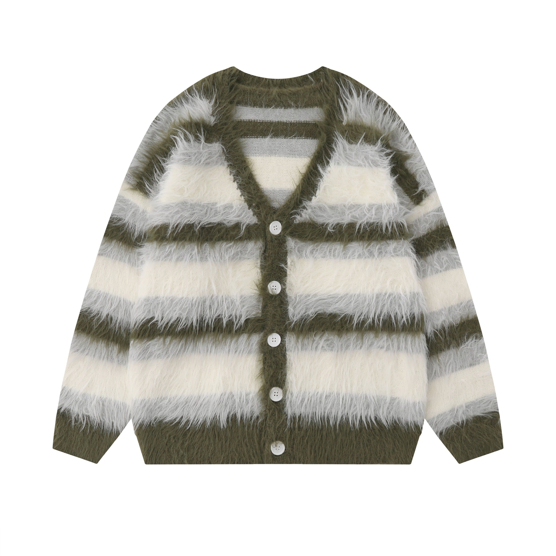Furry Line | Striped Button-Up Fluffy Cardigan - Luxuryurbanwear