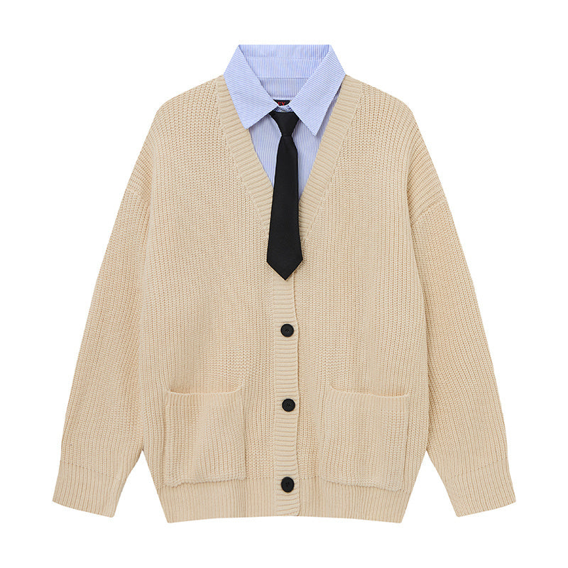Prep Layer | Knit Cardigan with Shirt & Tie Detail - Luxuryurbanwear