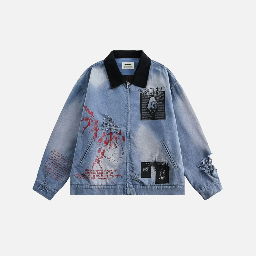 Trendy Streetwear Blue Distressed Denim Jacket - Luxuryurbanwear