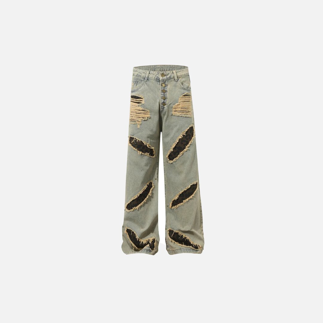 Streetwear Leopard Print Patch Rivets Ripped Jeans - Luxuryurbanwear
