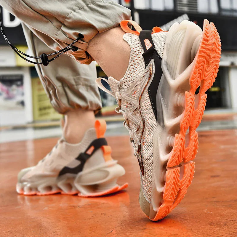 Nova Sole T84 Sneakers - LUXURYURBANWEAR in beige with orange sole, highlighting breathable mesh and bold urban design.