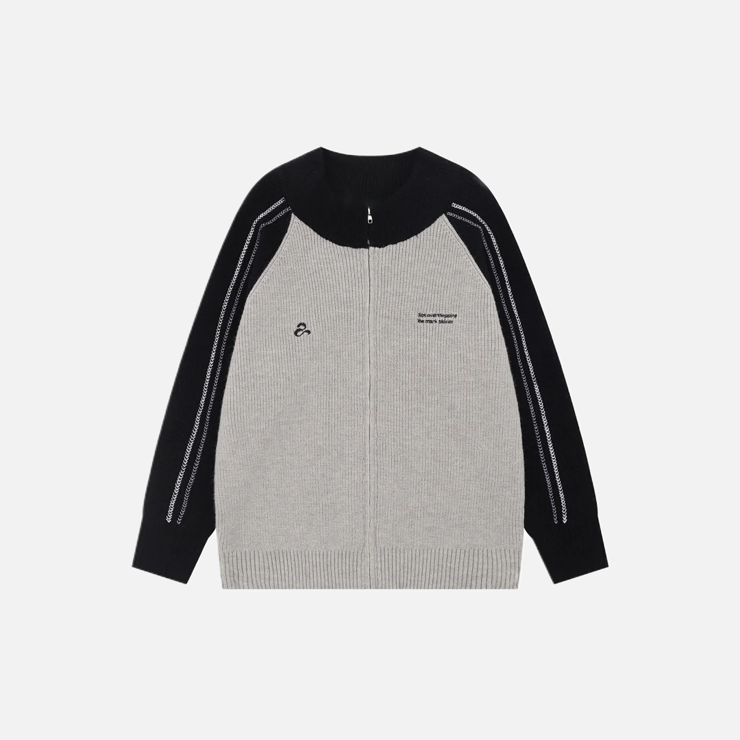 Contrast Paneled Letter Crew Neck Embroidered Cardigan - Luxuryurbanwear