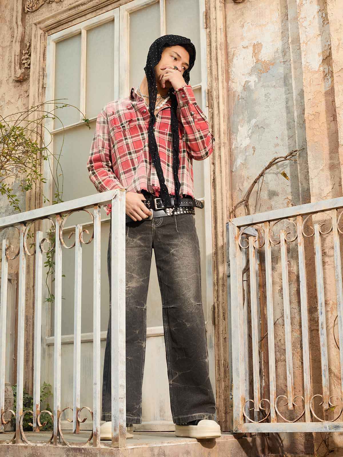 Paint Splatter Plaid Frayed Hem Button Up Shirt