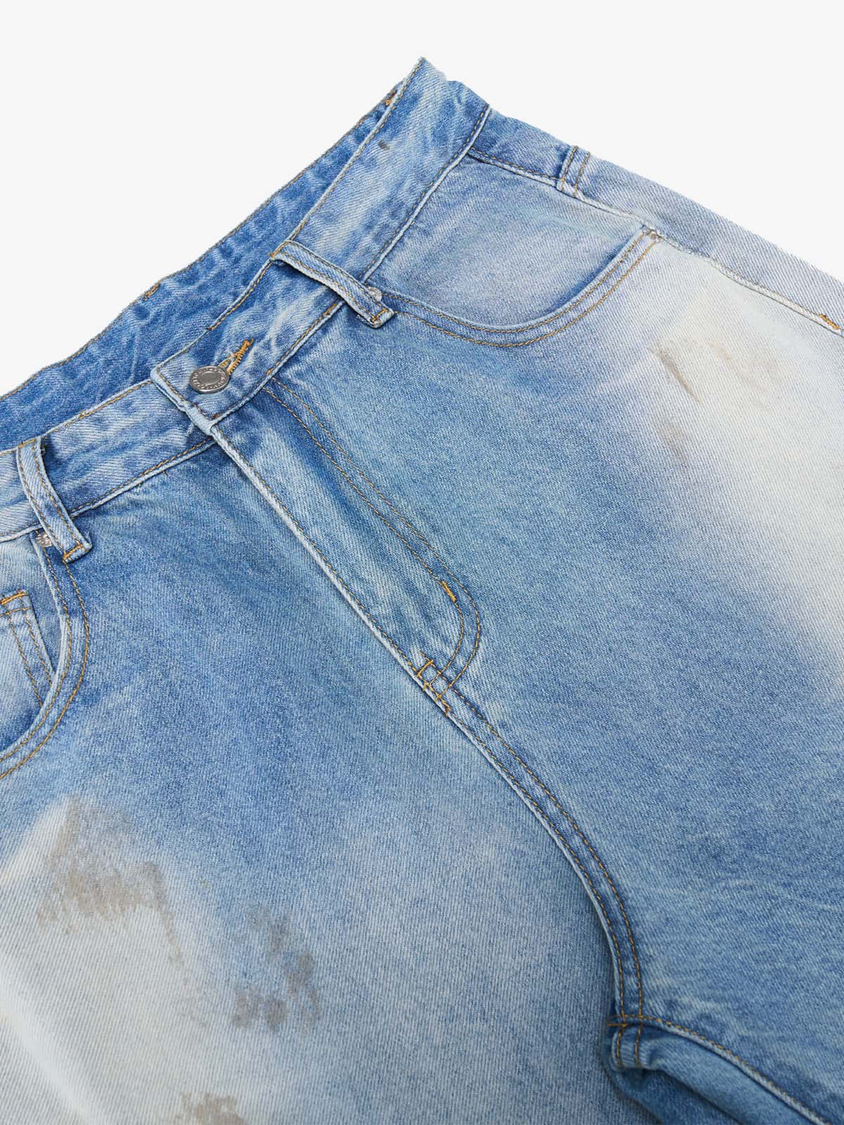 Vintage Heavy Splatter Washed Denim Wide Leg Jeans - Luxuryurbanwear