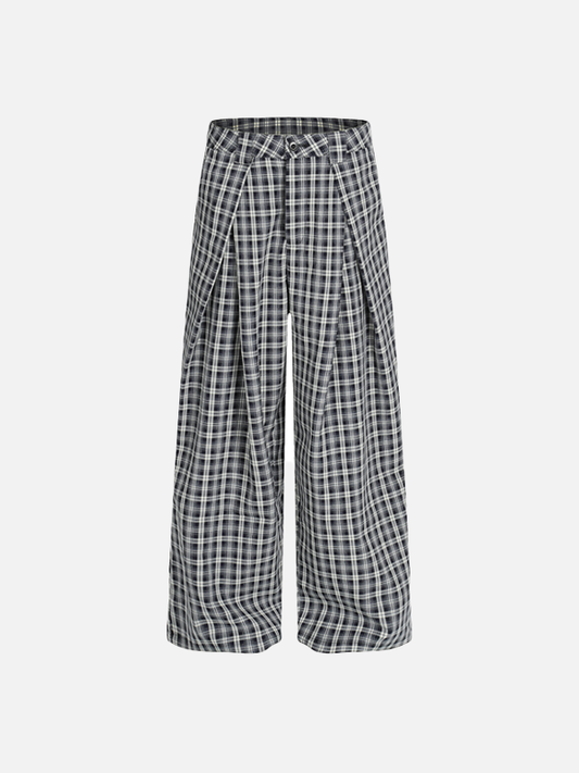 Retro Relaxed Plaid Casual Wide Leg Jogger - Luxuryurbanwear