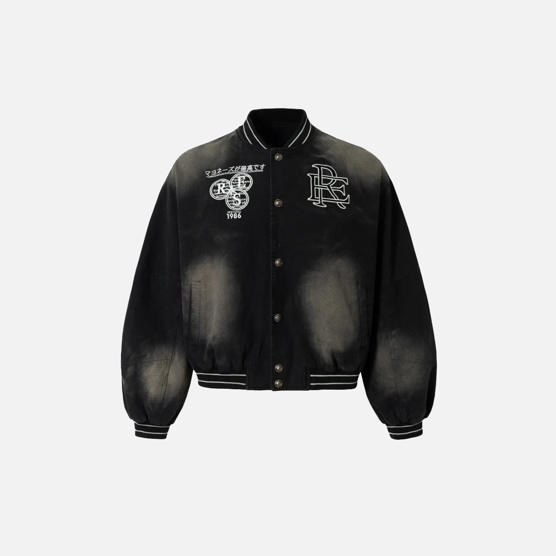 Faded Letter Embroidery Baseball Varsity Denim Jacket - Luxuryurbanwear