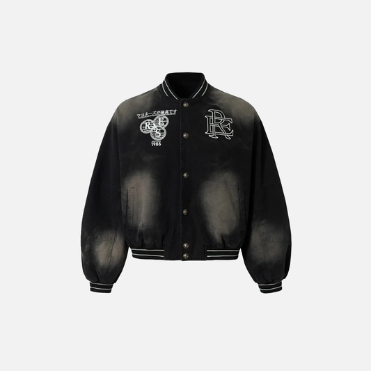Faded Letter Embroidery Baseball Varsity Denim Jacket - Luxuryurbanwear