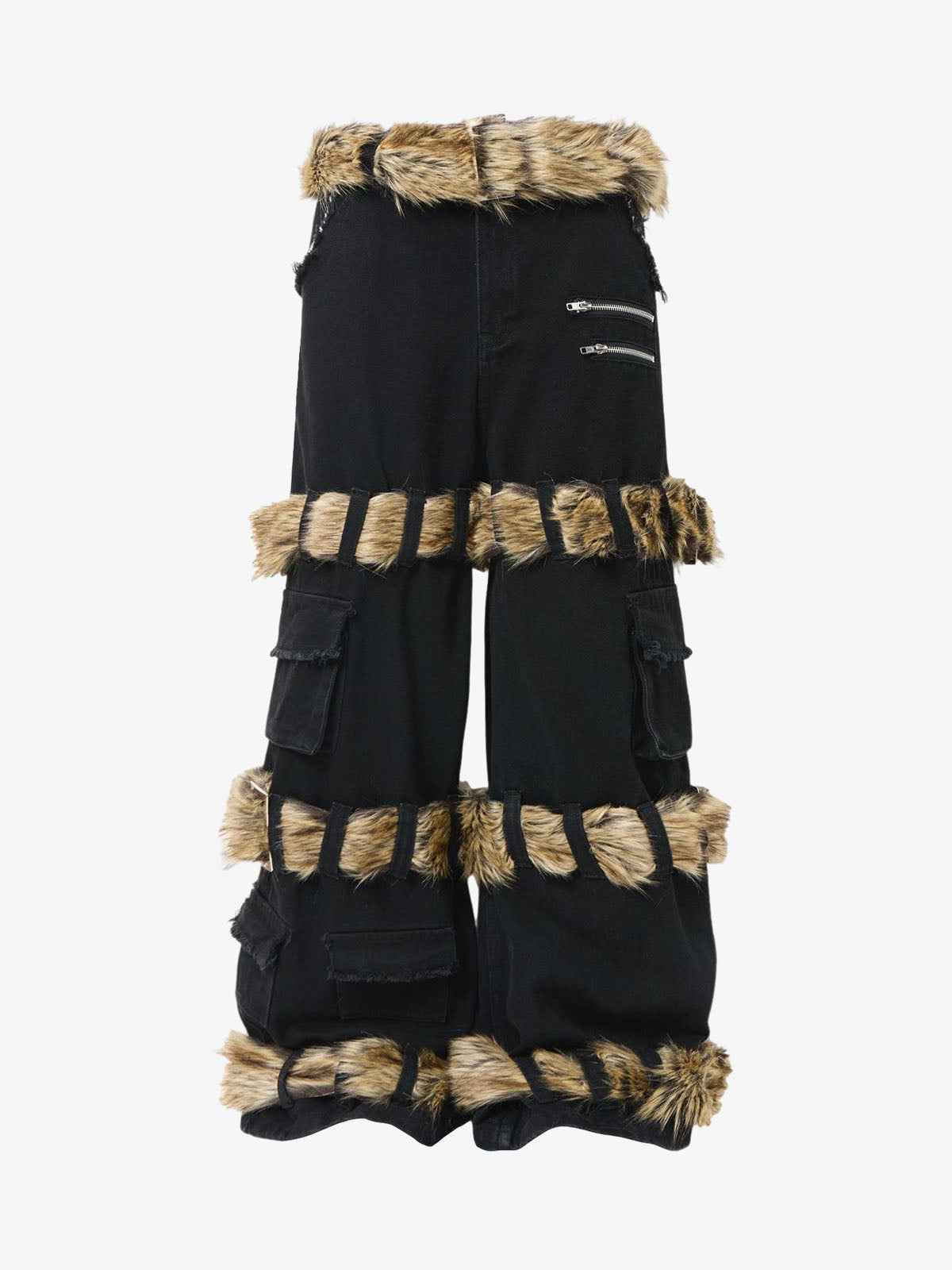 Faux Fur Trim Detail Multi-Pocket Wide Leg Cargo Jeans