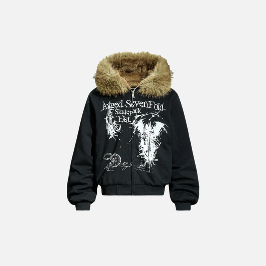Streetwear Grim Reaper Print Fur Hooded Jacket - Luxuryurbanwear