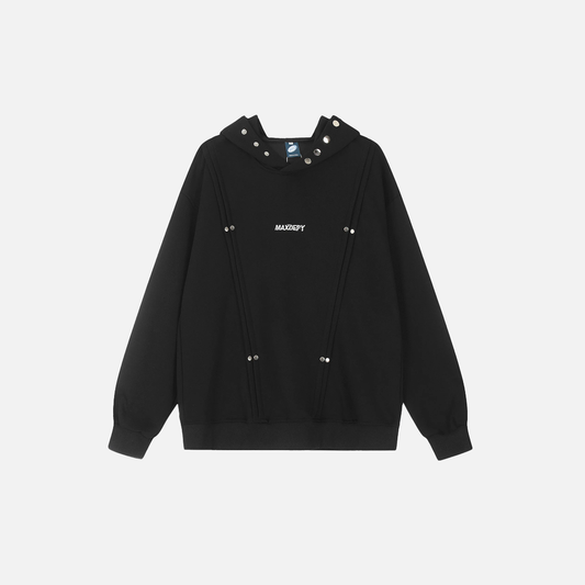 Y2K Rivet Patchwork Black Hip Hop Hooded Sweatshirt - Luxuryurbanwear