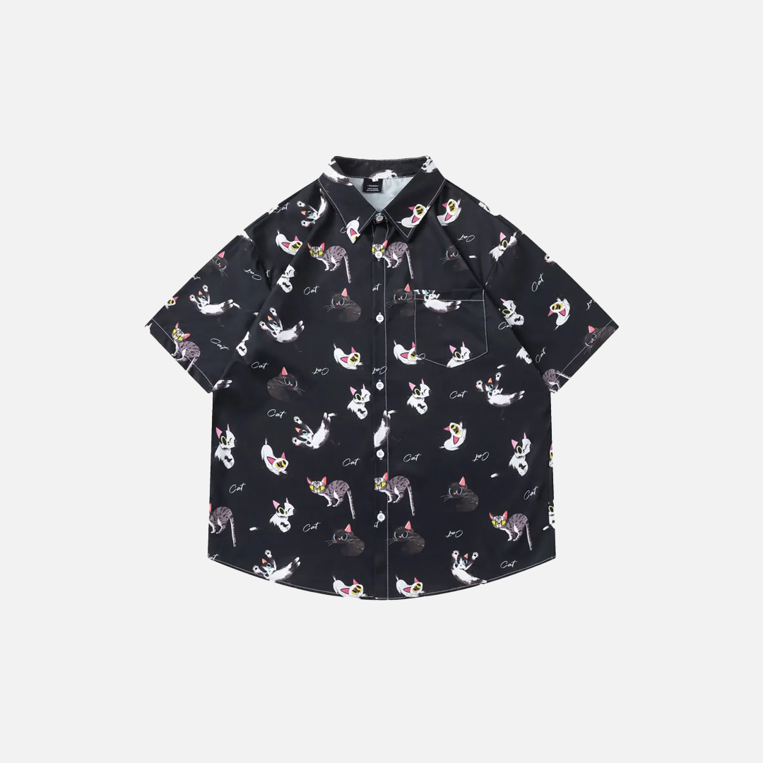Y2K Funny Cat Graphic Lightweight Beach Shirt - Luxuryurbanwear