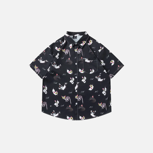 Y2K Funny Cat Graphic Lightweight Beach Shirt - Luxuryurbanwear