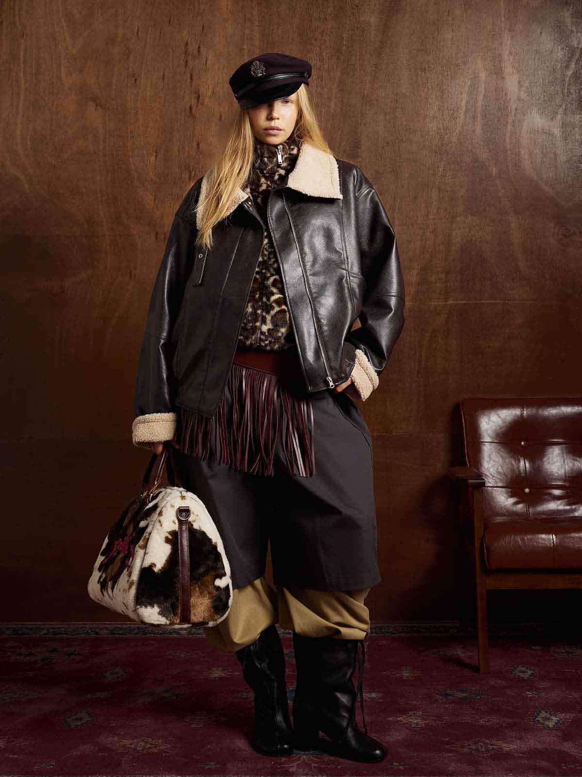 Vintage Shearling Collar Quilted Leather Jacket