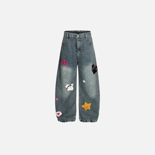 Cartoon Embroidered Vintage Washed Denim Jeans - Luxuryurbanwear